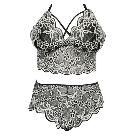 

WANYNG Plus Size Sexy Lingerie V Neck High Waist Floral Lace Criss Cross Bra And Panty 2 Piece Set No Underwire Seamless Bandeau Strapless Tube Top Music Set