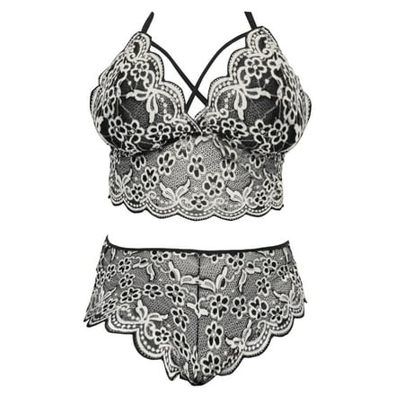 

wendunide underwear women Plus Size y Lingerie V Neck High Waist Floral Lace Criss Cross Bra And Panty 2 Piece Set No Underwire Grey M