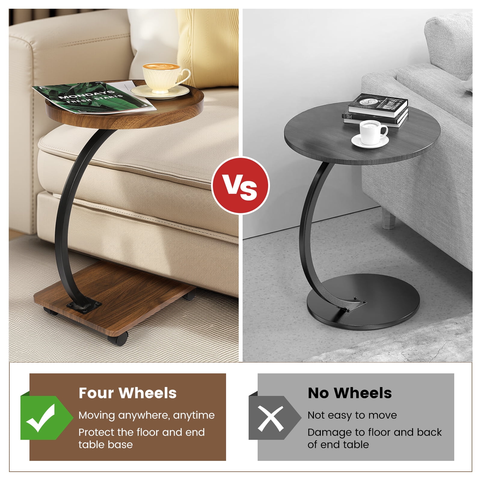 C Shaped Side End Table - with Rolling Wheels, Walnut Finish Movable Round Tea Table for Couch, Bed, Sofa Side