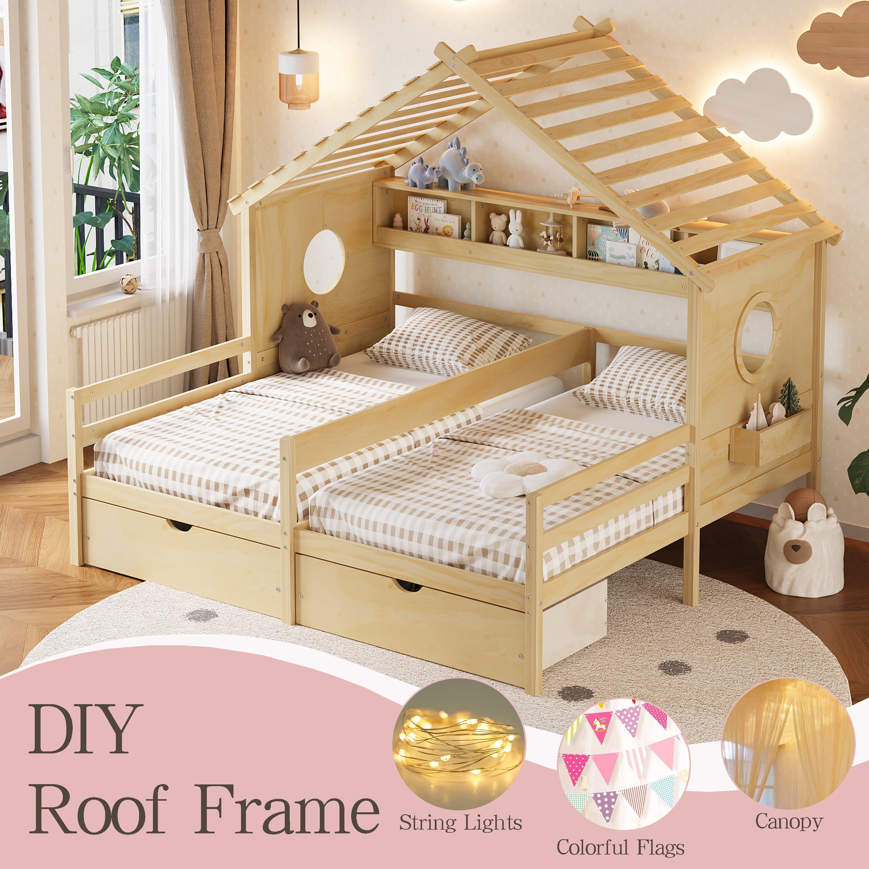 Euroco Wood Twin Size Platform Bed, Side by Side 2 Beds in 1 with Storage Shelves and Drawers, Natural