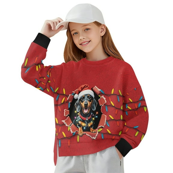 Xoenoiee Christmas Dachshund Bulb Print Oversized Sweatshirt for Girls Teens, Xmas Crewneck Long Sleeve Side Slit Pullover, Cozy Comfy Fall Winter Top, 7-8 Years