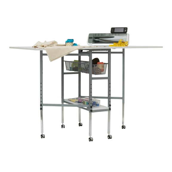 Sew Ready Alpha Hobby/Craft/Sewing/Fabric Cutting/ Multipurpose Table Height Adjustable with 60" x 36" Folding Top, Storage Shelf and Drawers in White - 20004