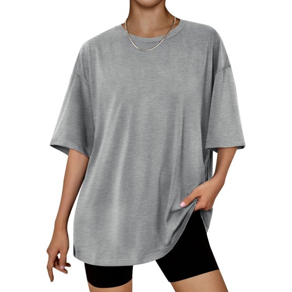 Blmnix Casual Women T Shirt Oversized Cotton Raglan Tshirts Elbow-Length Crew Neck Gray Summer Blouses for Women Under $10,XXL
