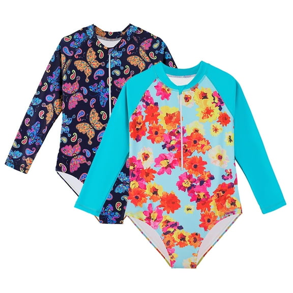 Esaierr Girls One Piece Swimsuits for Kids Girls Hawaiian Bathing Suit Upf 50  Sun Protection Toddler Long Sleeve Sunscreen Printed Swimwear for Girls 4-12T