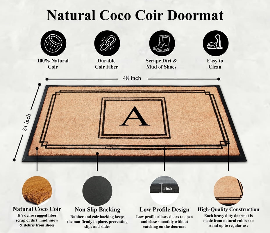 A1 Home Collections Rubber & Coir Mat, Heavy Duty, Extra Large, Front Door Mat 24"X48", Black/Beige Doormat Monogrammed A