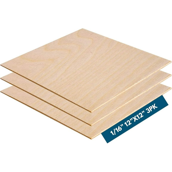 1.5mm 1/16" x 12" x 12" Aircraft Plywood Sheet (3pk) - AB/B Baltic Birch Material Perfect for Arts and Crafts, School Projects, Die-Cutting, and Wood Engraving