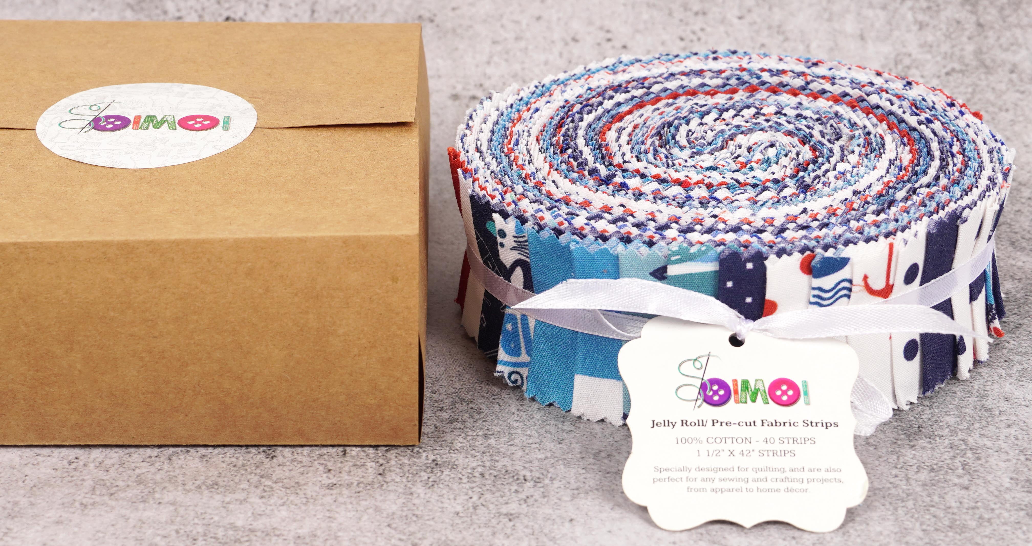Soimoi 40Pcs Nautical Print Precut Fabrics Strips Roll Up 1.5x42inches Cotton Jelly Rolls For Quilting - Blue, Red & White