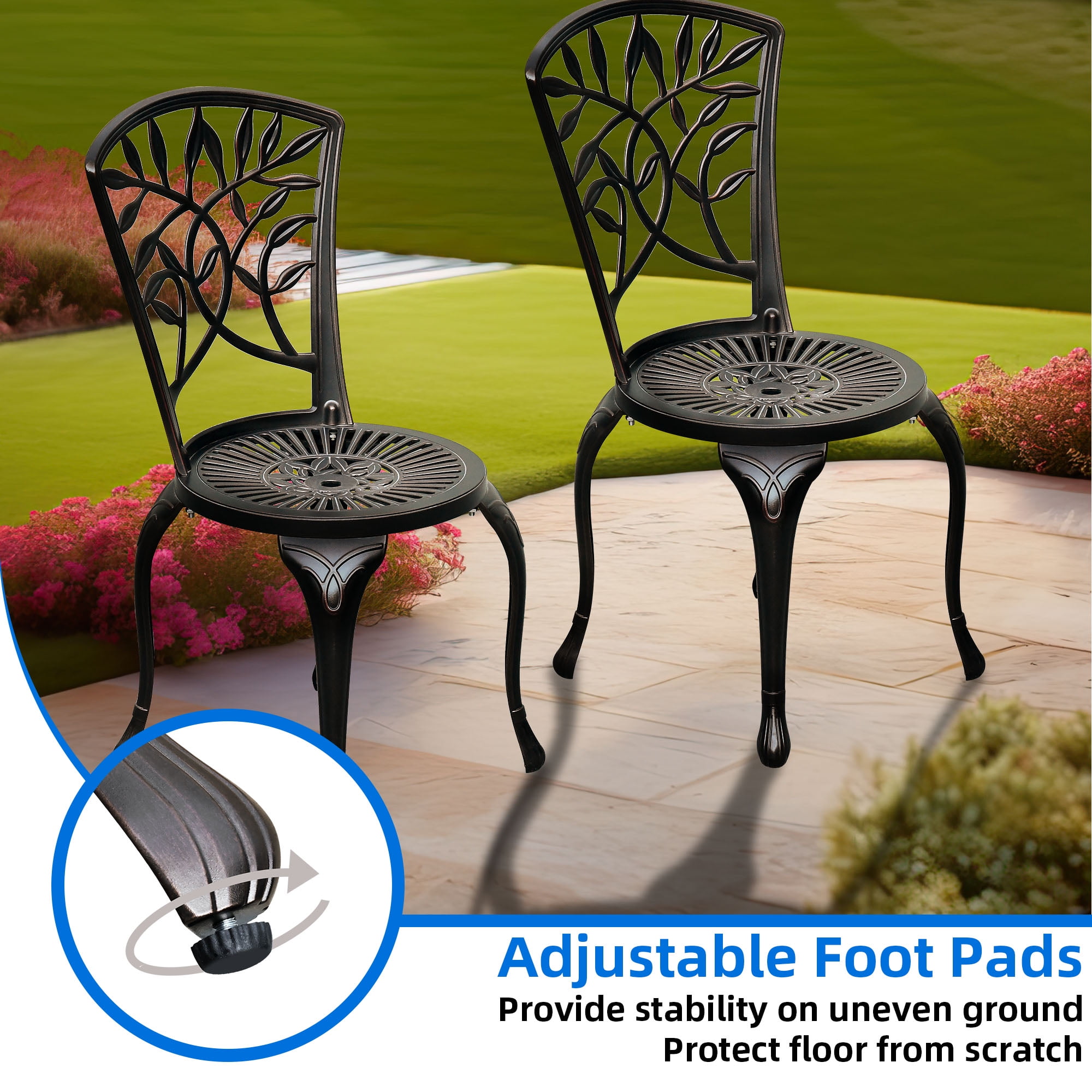 Dextrus Set of 2 Outdoor Cast Aluminum Dining Chairs, Patio Bistro Chairs with Adjustable Feet for Garden, Backyard, Balcony, Black