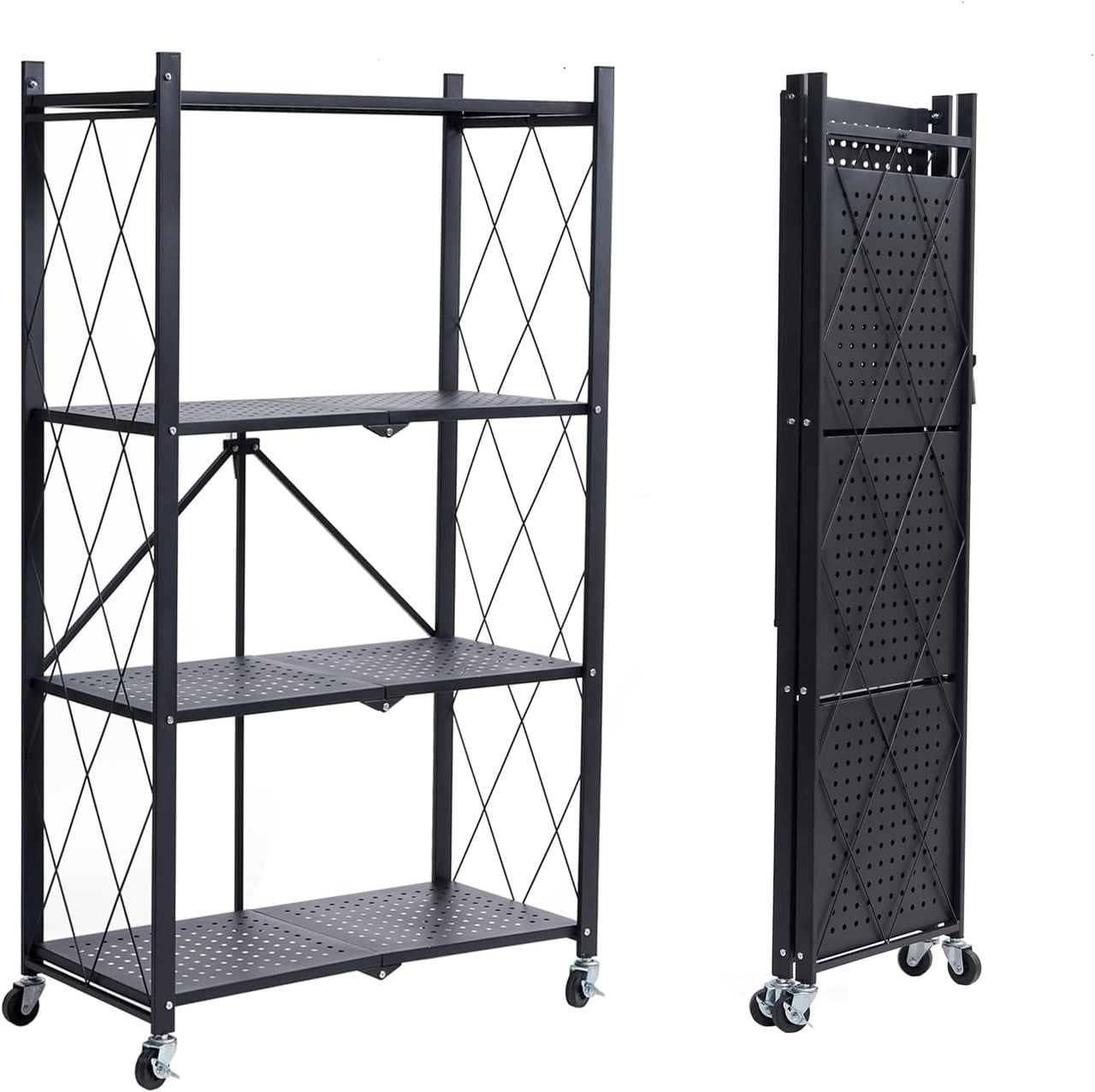 Foldable 4-Tier Heavy Duty Storage Rack with Wheels,Rolling Utility Cart for Kitchen, Garage, Living Room, Study, Basement