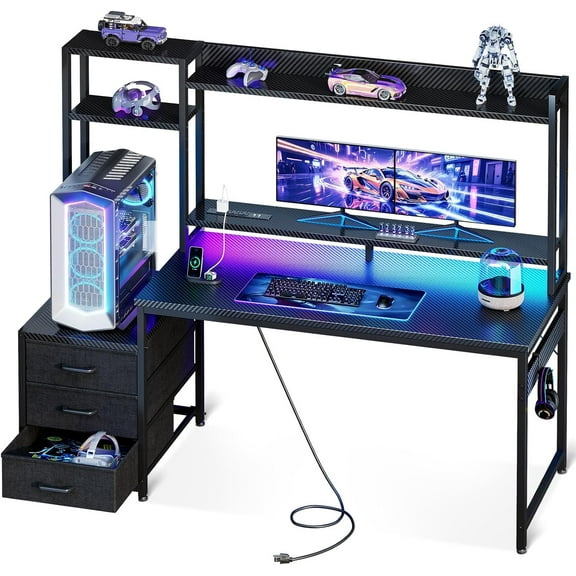 Casaottima 55 Inch Gaming Desk with Hutch & 3 Fabric Drawers, Computer Desk with USB Ports & LED Lights, Reversible Pc Gamer Table with Monitor Stand for Home Office, Carbon Fiber Black