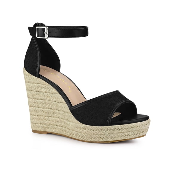 BLISSFUL STEP Women's Ankle Strap Platform Espadrilles Wedge Heel Sandals Black 9