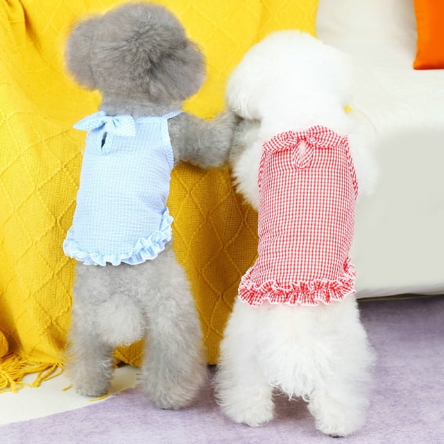 CBFFDC Robe pour Chiot Confortable Douce Col Carré Sans Manches Imprimé à Carreaux Nœud Papillon pour Chiot
