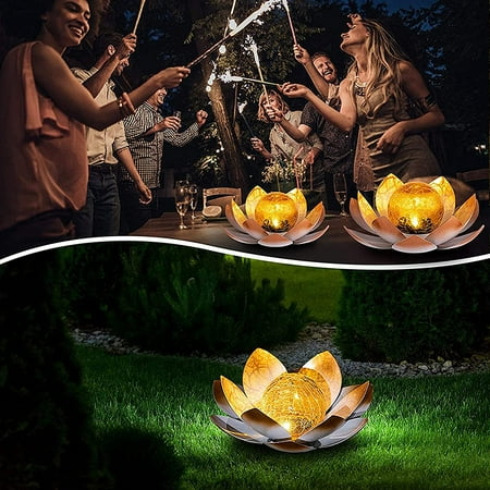 

Garden Solar Light Outdoor Amber Crackle Globe Glass Lotus Decoration Waterproof Metal LED Flower Lights for Patio Lawn Walkway Tabletop Ground