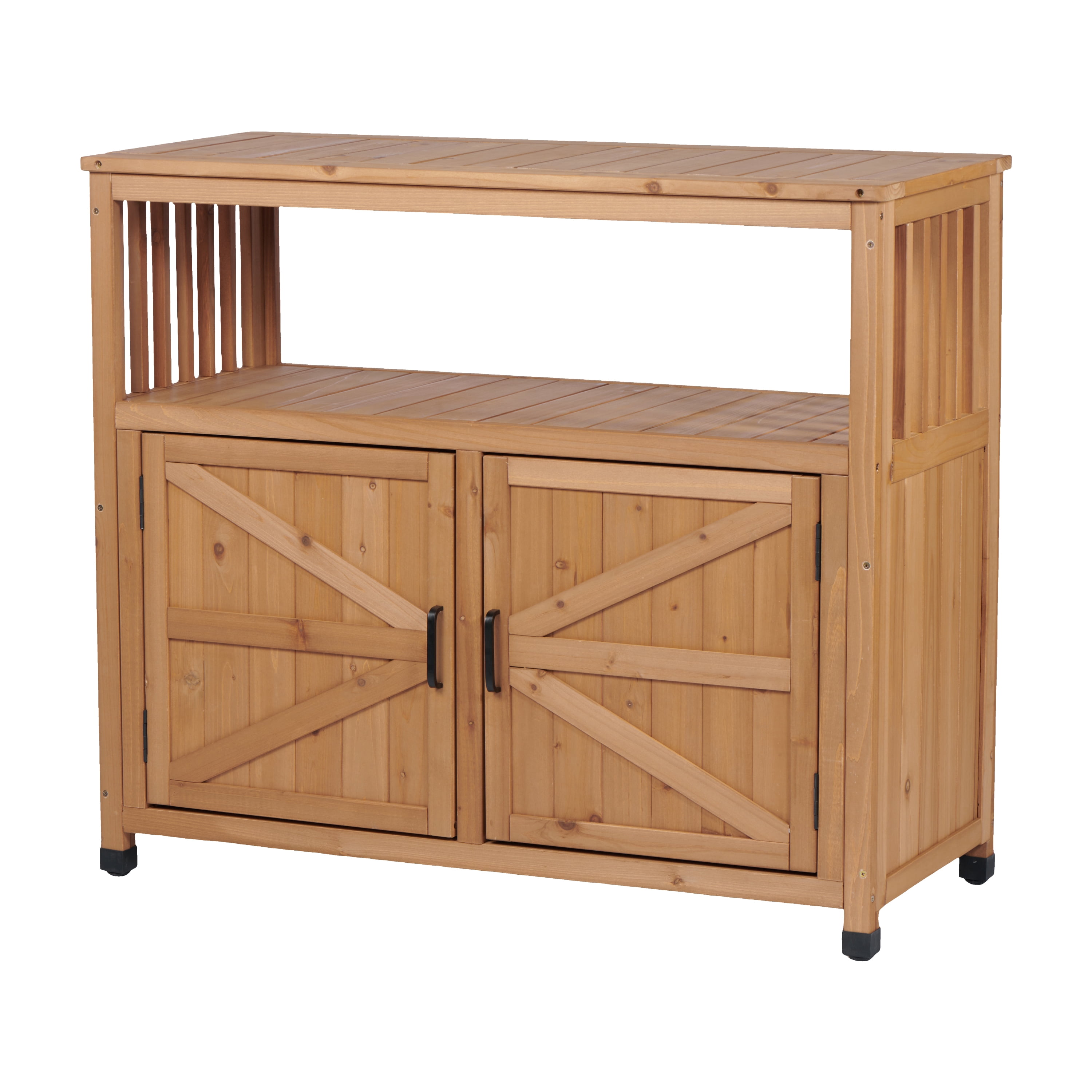 Wooden Patio Bar Table with Storage Cabinet, Outdoor Buffet Sideboard and Serving Station with Slatted Design, Light Brown