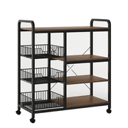 Kitchen Carts, 4 Tires Rolling Carts with Wheels, Microwave Stand with Storage, with Oak Wood Tabletop