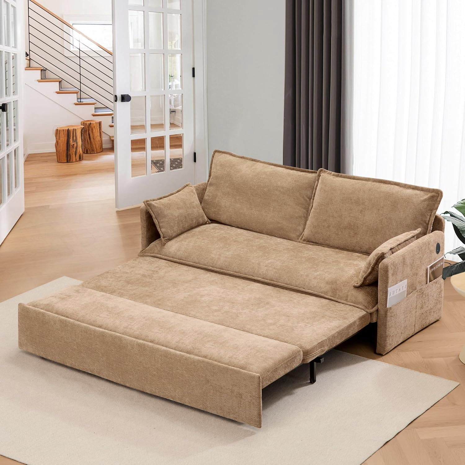 Modern Convertible Sleeper Sofa with USB Charging, Queen-size Corduroy Upholstery Sofa Bed, Brown