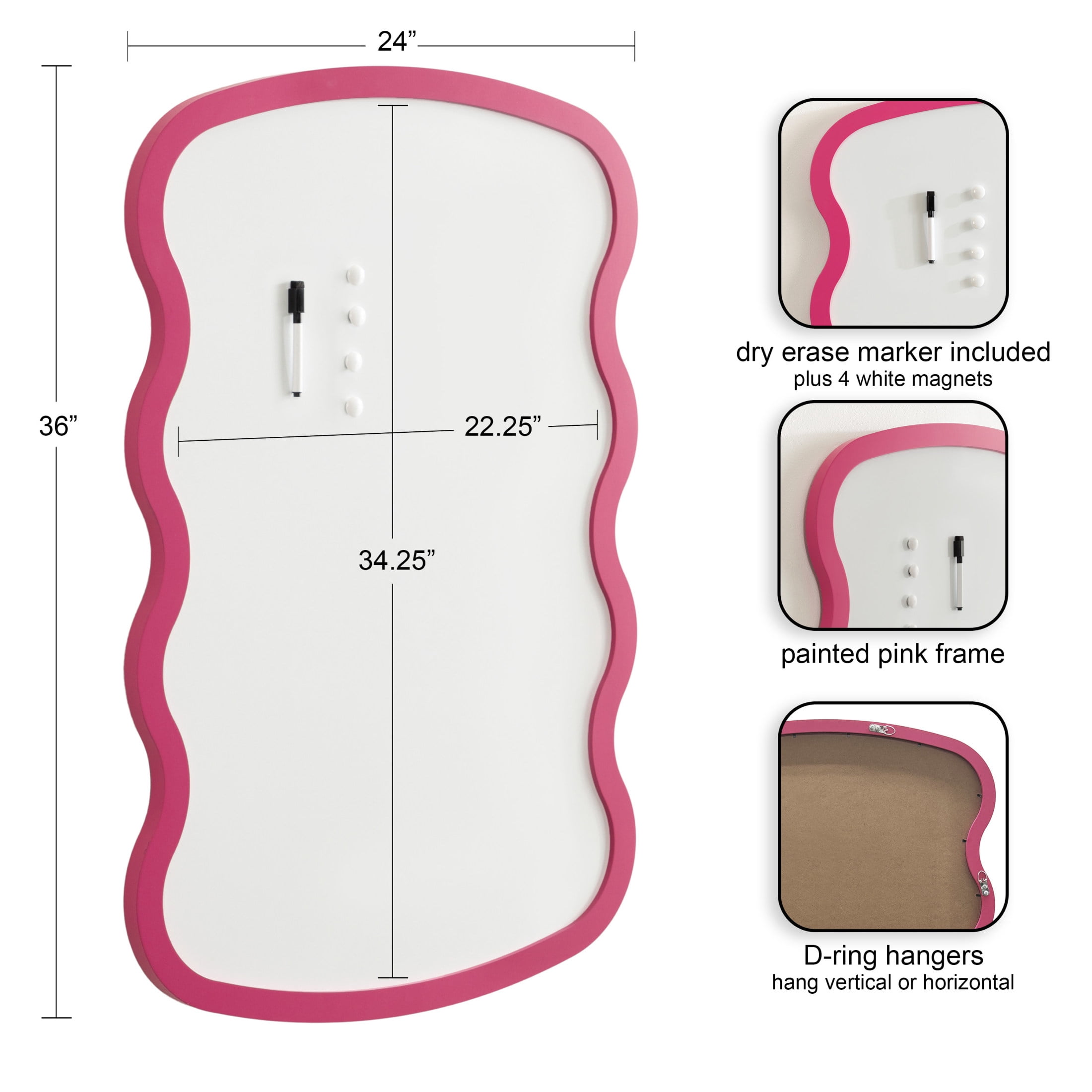 Kate and Laurel Holbrook Wavy Magnetic Dry Erase Board with Marker and Four Magnets, 24 x 36, Bright Pink, Decorative Wall Organization White Board for Use as Bedroom or Dorm Room Decor