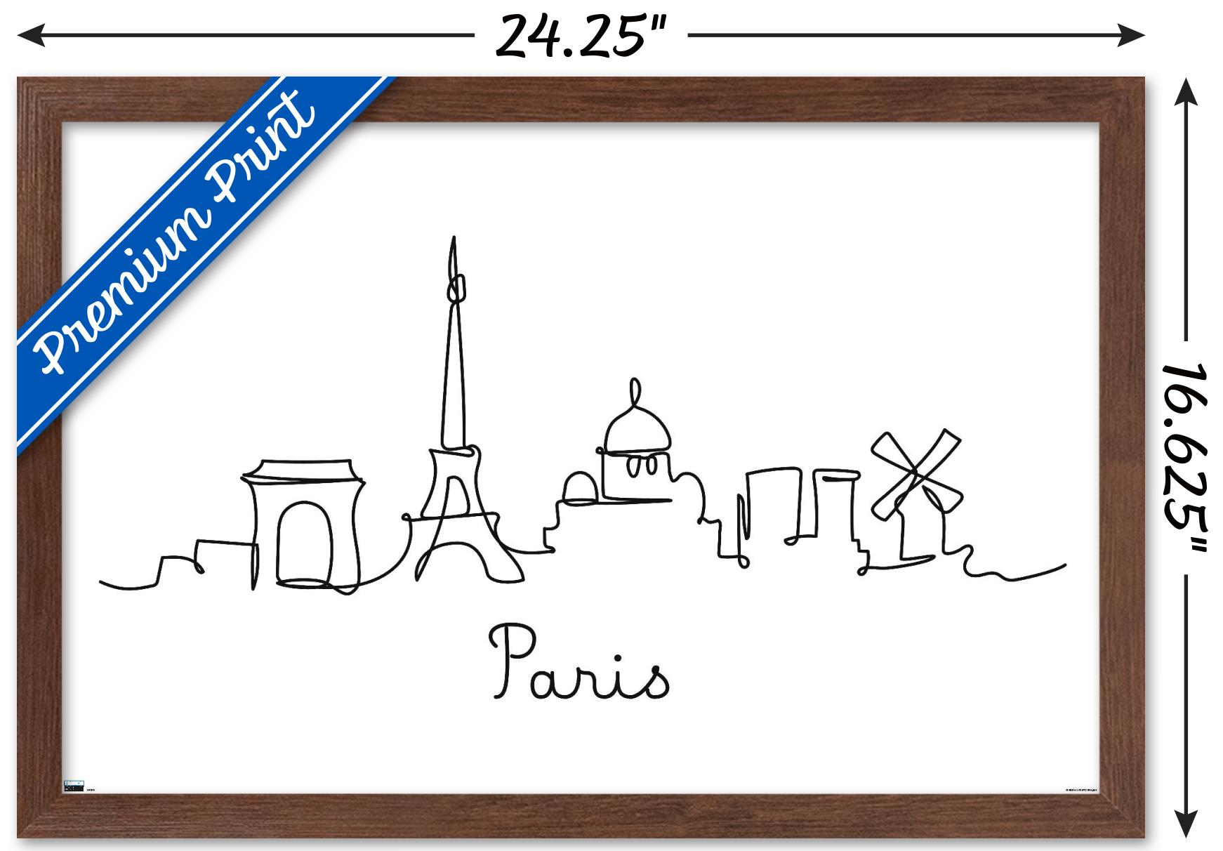 Line Art Skyline - Paris Wall Poster, 14.725" x 22.375", Framed