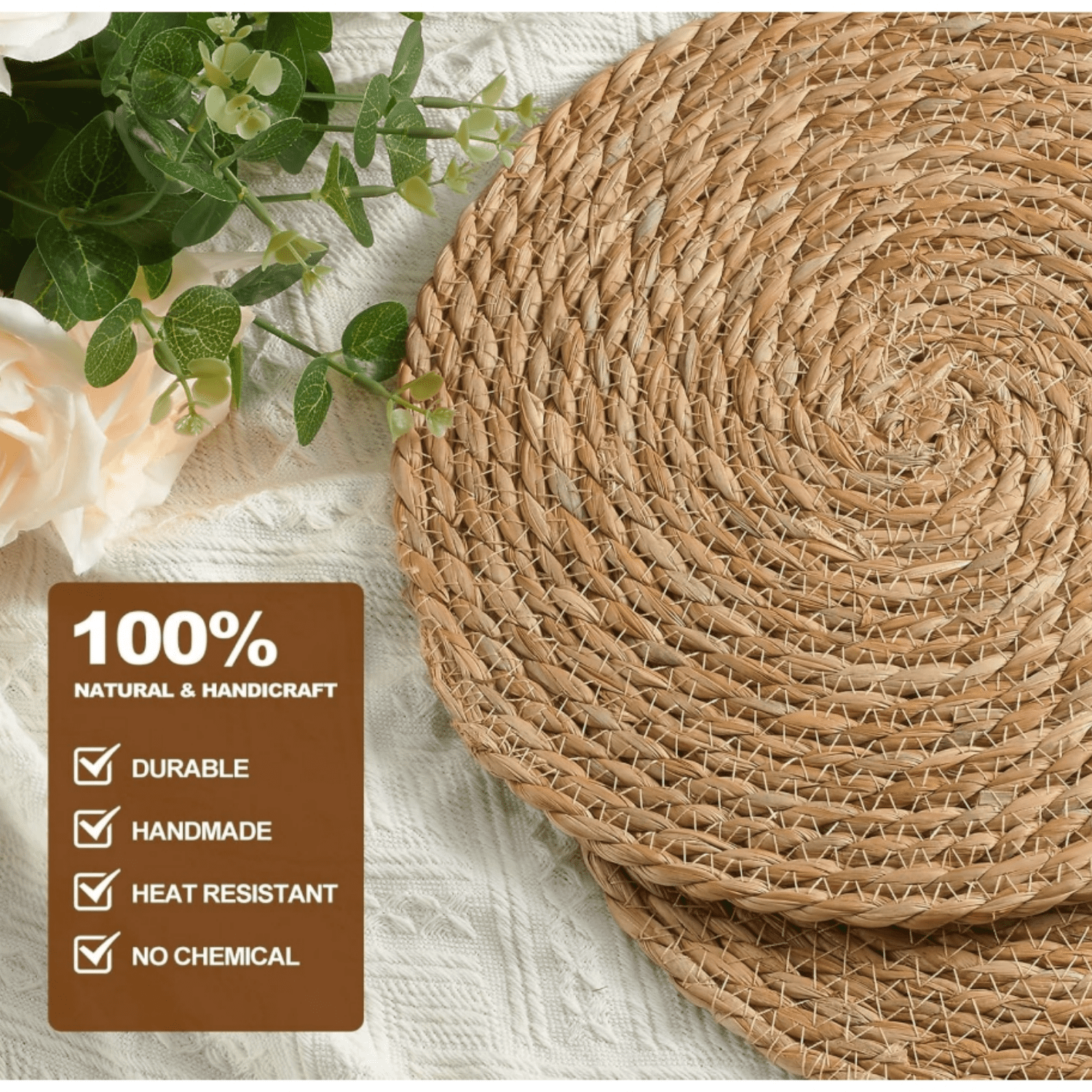 13 Inch Set of 10 - Boho Rattan Placemat Natural Water Hyacinth Placemats, Farmhouse Weave Place Mats, Rustic Braided Wicker Table Mats for Dining Table,Home,Wedding