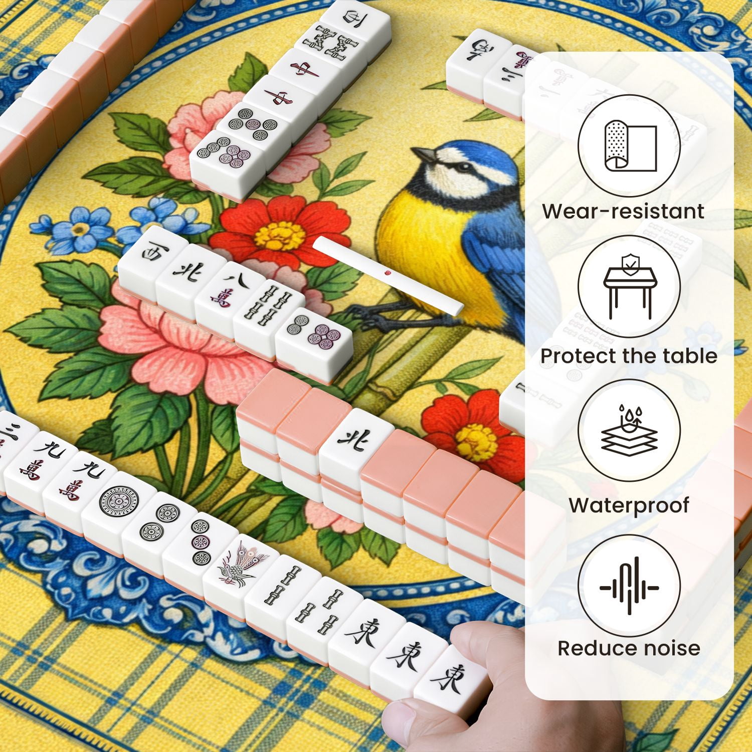 Mahjong Mat 31.5" x 31.5" Blue Tit Bird Perched Colorful Floral Arrangement Bamboo Blue Flowers Non-Slip Noise Reduction Mahjong Tiles Table Cover for Dominoes Poker Card Board and Tile Games