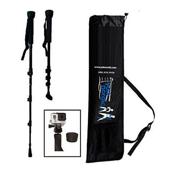 York Nordic Collapsible Trekking & Hiking Poles with Digital Camera Mount, Flip Locks, and Rubber Feet, Pair