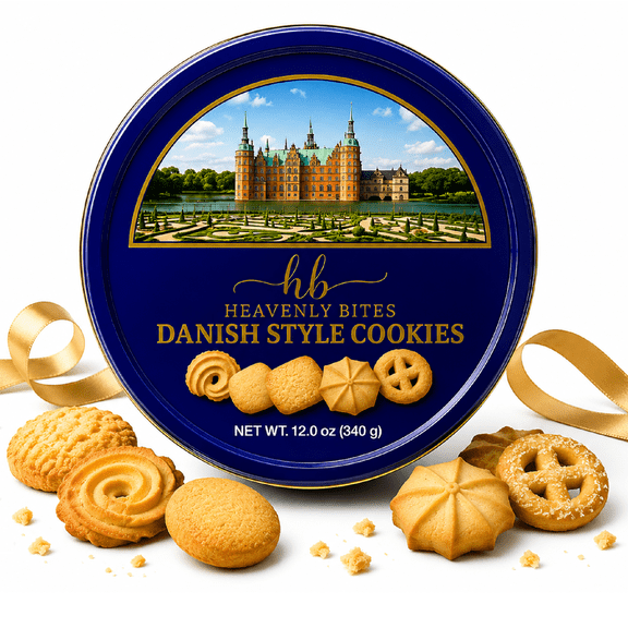 Heavenly Bites Danish Butter Cookies - Gift Metal Tin - 12 Oz