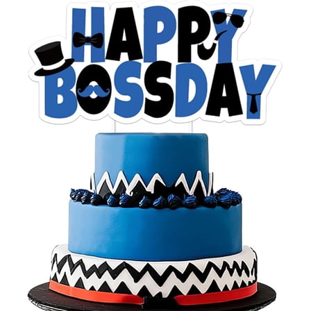 Happy Bossday Cake Topper Boss Boy Baby Party Decorations Blue Black Double Printed Cake Decor for Boys 1st 2nd 3rd Birthday Baby Shower Gender Reveal Party Supplies