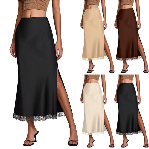 Women's Satin Long Skirt Side Slit High Waist Lace Patchwork Skirts Flowy Business Casual Work Outfits (XL, Black)