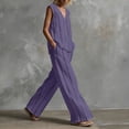 thumbnail image 4 of QSAWXQZ Women's Cotton Linen 2pc Outfit Sets Striped V Neck Sleeveless Tank Top Elastic Waist Wide Leg Pants with Pockets Casual for Summer XL, 4 of 6
