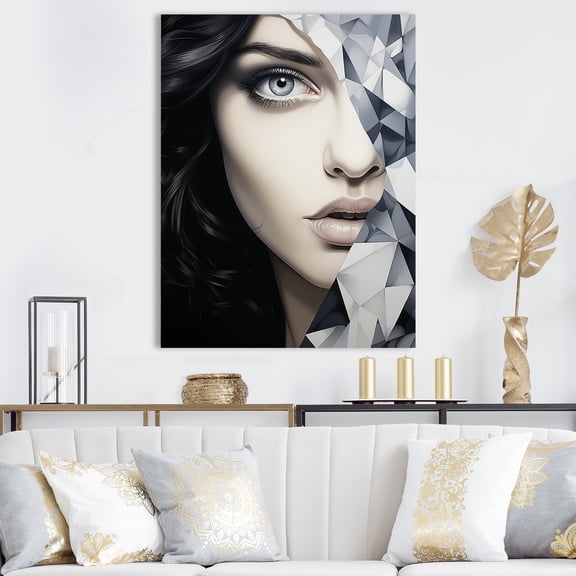 Designart "Marble Beauty in Black and White Woman VI" Abstract Canvas Wall Art - Modern Grey Abstract Portraits Hallway Wall Art Decor
