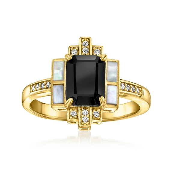 Ross-Simons Onyx and Mother-Of-Pearl Ring With .10 ct. t.w. White Topaz in 18kt Gold Over Sterling, Women's, Adult
