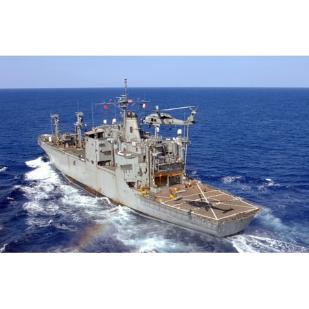 Military Sealift Command Ships - April 6 2007 - A helicopter clears the flight deck of the Military Sealift Command ammunition ship USNS Flint Poster Print