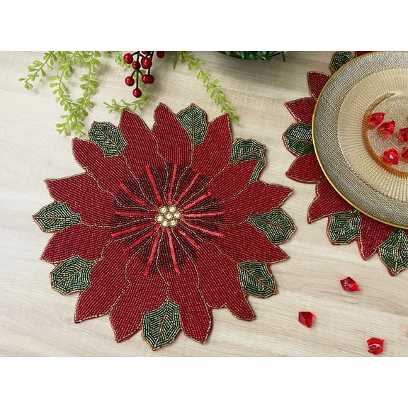 Set of 6, Christmas Poinsettia beaded placemat, gift for her, christmas placemat