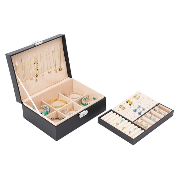 Miumaeov 2 Layer PVC Jewelry Box Organizer with Lock & Key Black Travel Jewelry Storage Case, Waterproof Compact Jewelry Gift Box