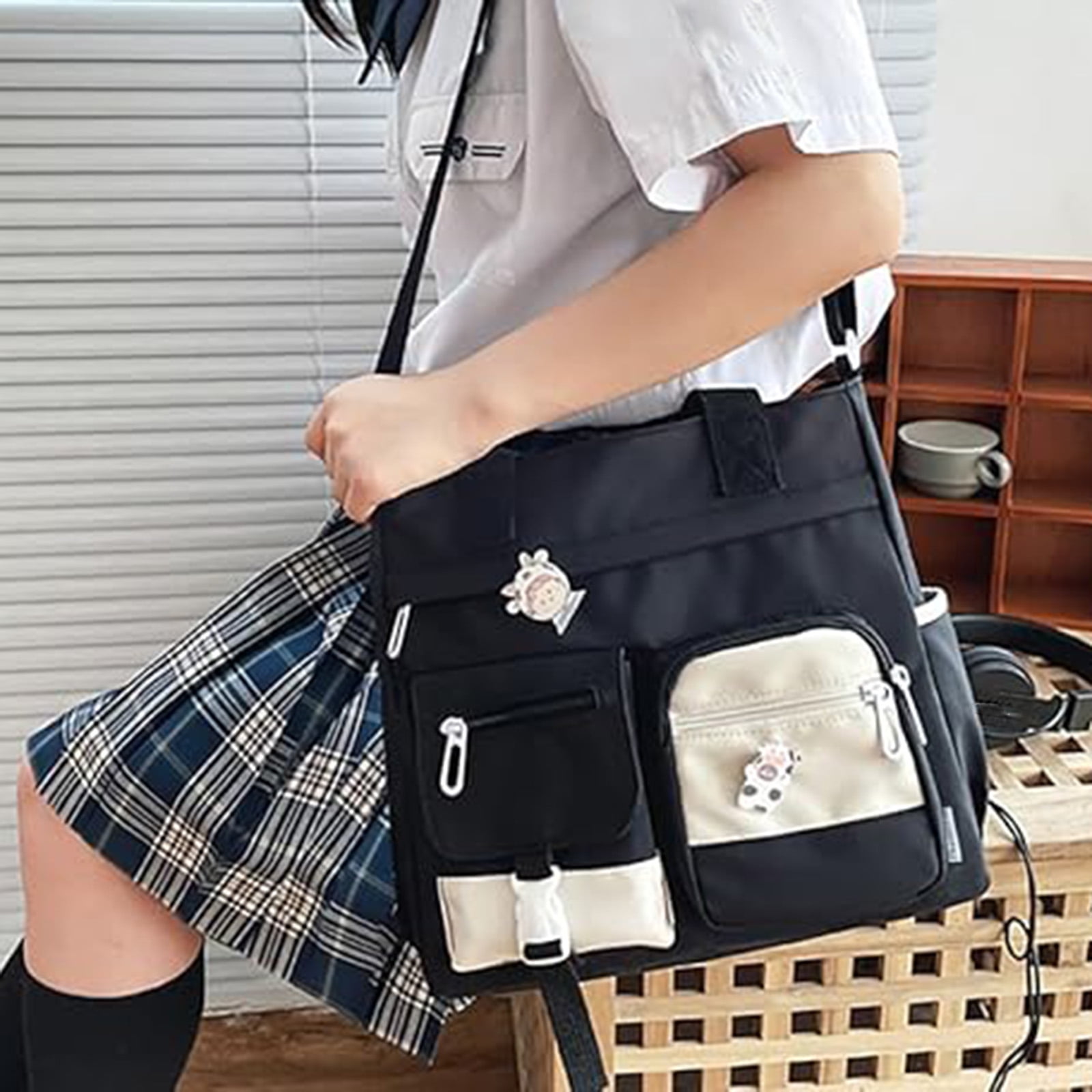 Womens Crossbody Bags for Teens Cute Messenger Purse Nylon Shoulder Tote Bags Multi Pockets Top Handle Satchel Handbags Black