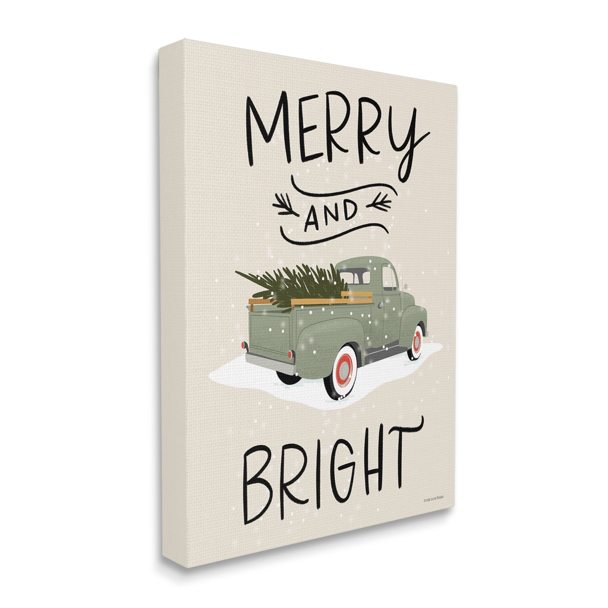 Merry And Bright Holiday Typography Fir Tree Truck Transportation Graphic Art Gallery-Wrapped Canvas Print Wall Art