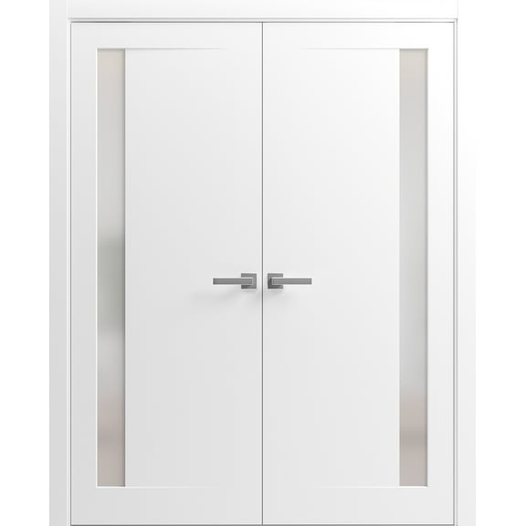 Solid French Double Doors 48 x 80 inches | Planum 0660 Painted White with Frosted Glass | Wood Solid Panel Frame Trims | Closet Bedroom Sturdy Doors
