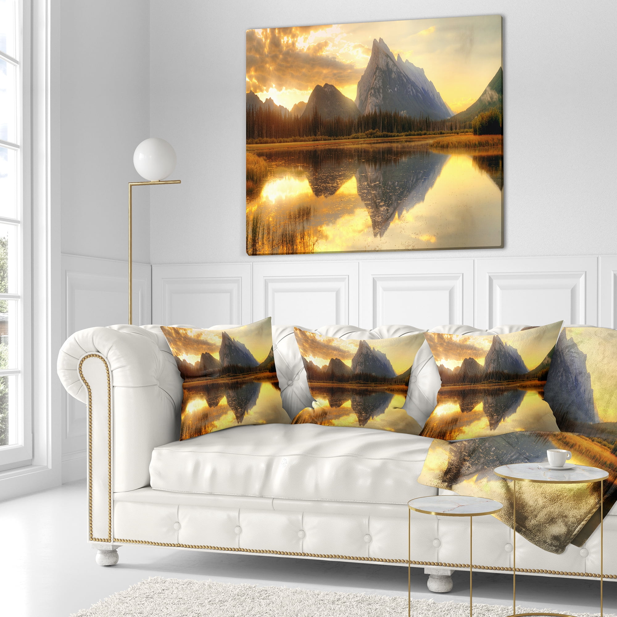 Designart Vermillion Lake Sunrise in Banff Park - Landscape Printed Throw Pillow - 18x18