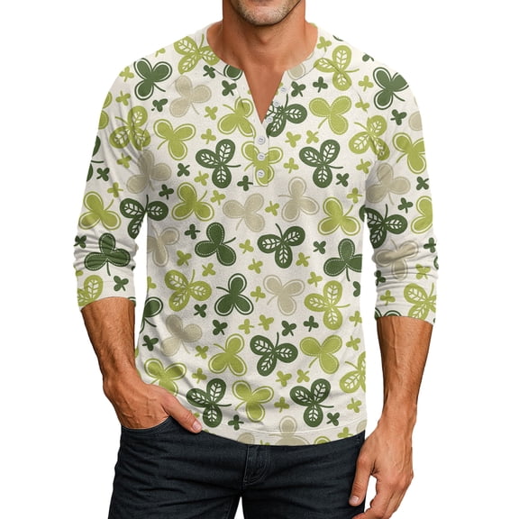 Men's St. Patrick's Day Henley Shirt Long Sleeve Clover Print Casual Pullover Top
