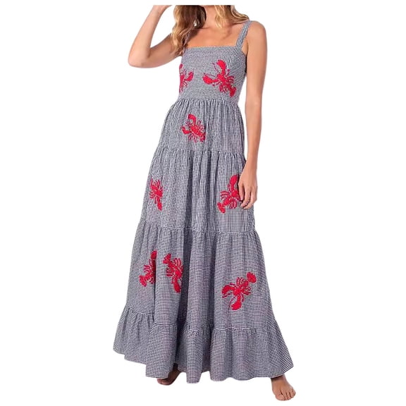 XIAOCHA Women's Lobster Embroidered Dress Relaxed Tiered Spaghetti Strap Square Neck Maxi Dress Lightweight Playful Vacation Dresses