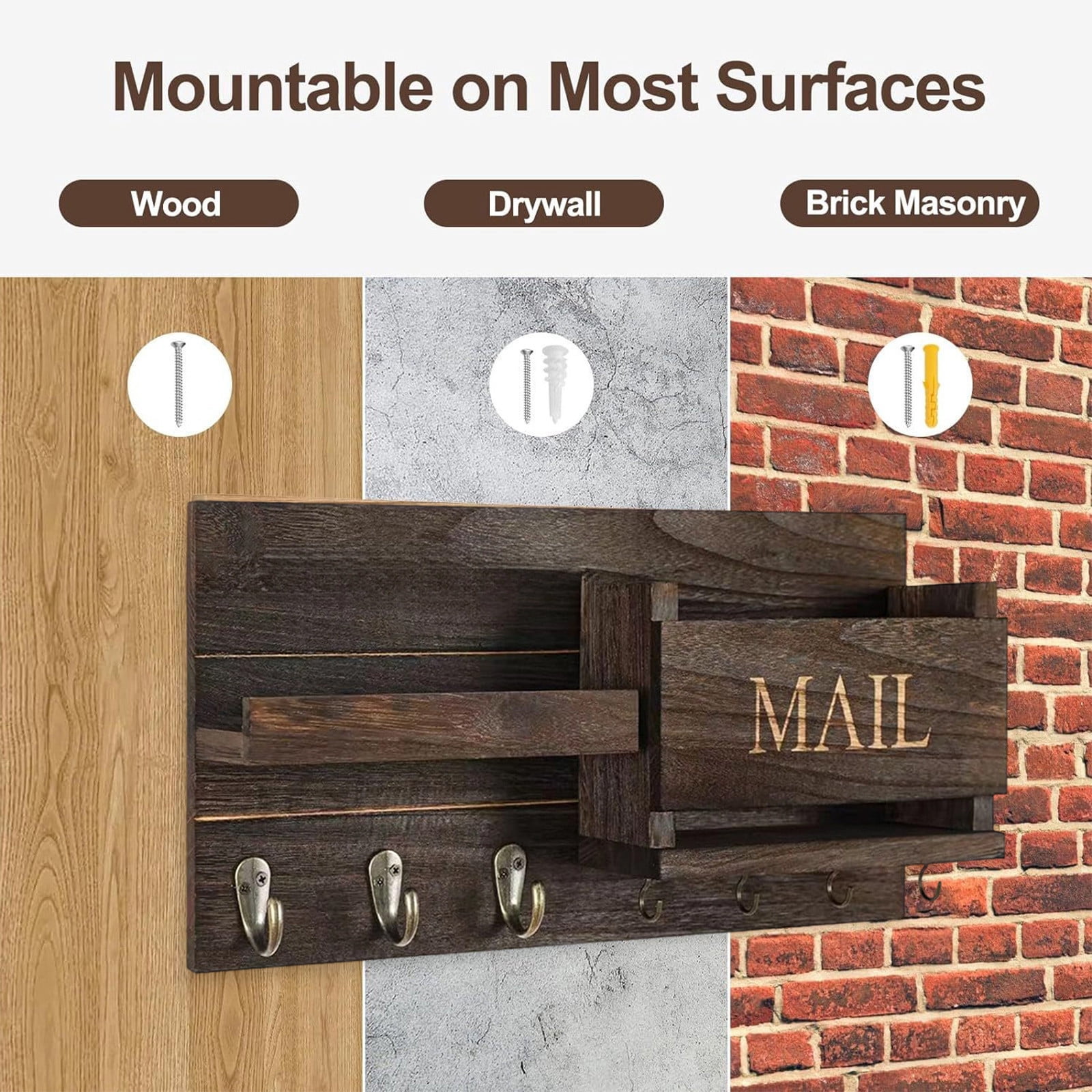 PONPRNGY Mail Organizer for Wall Mount – Key Holder with Shelf Includes Letter Holder and Hooks for Hallway Farmhouse Decor – Rustic Wood with Flush Mounting Hardware