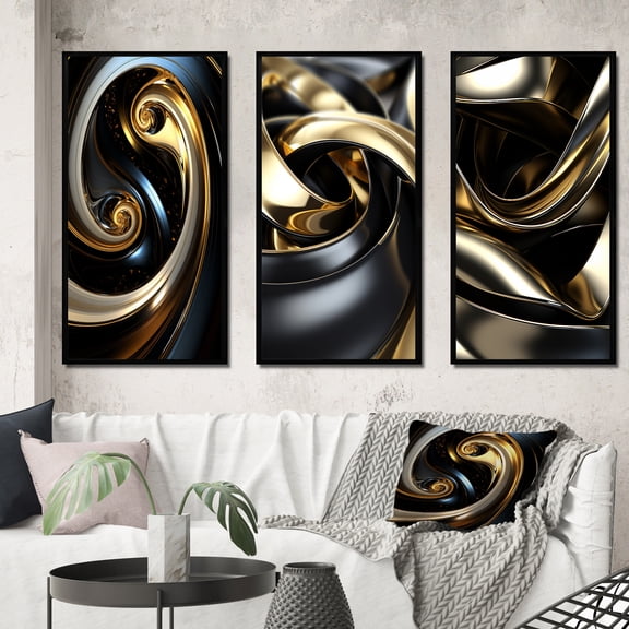 Designart "Double Spiral Swirl Abstract of Liquid Gold and Black" Abstract Spirals Framed Wall Art Set Of 3 - Gold Transitional Frame Canvas Set For Living Room Decor