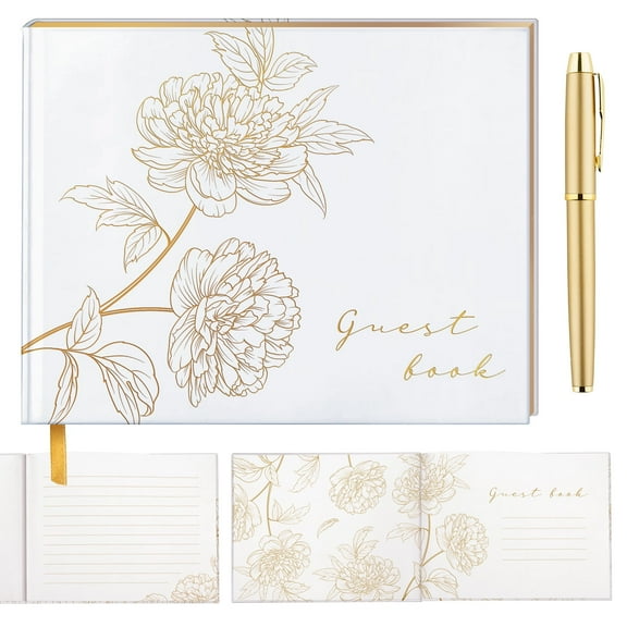 Lovely J Dragonfly Gold Stamped Floral Wedding Guest Book with Pen