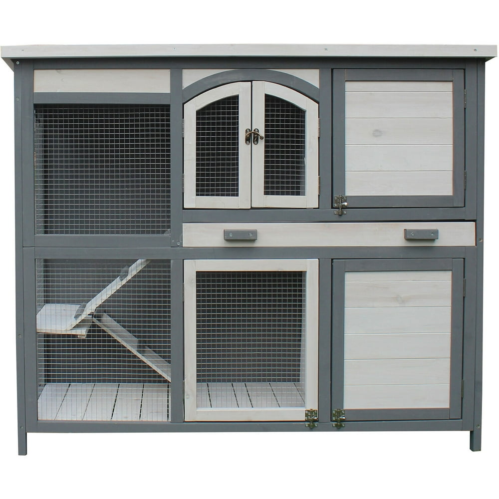 Hanover Outdoor Wooden 2Story Rabbit Hutch with 2 Ramps, Wire Mesh Run