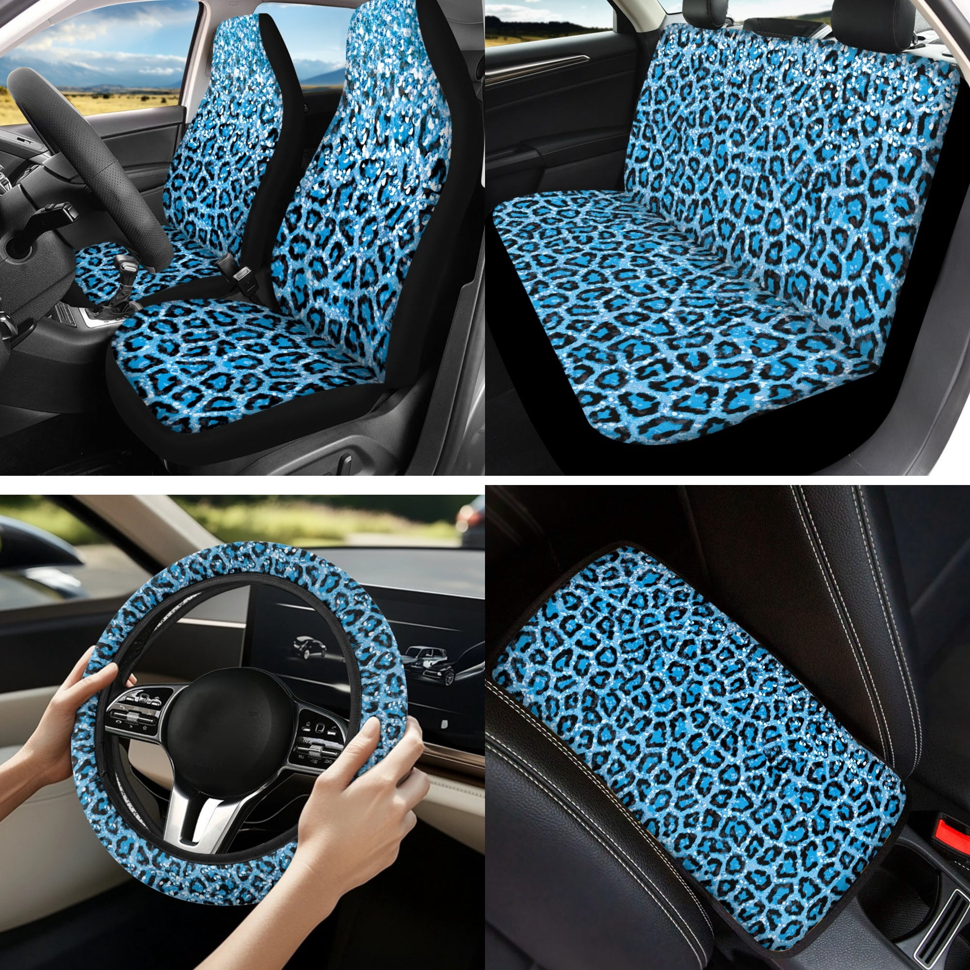 Jeiento Blue Leopard Print 13 PCS Car Seat Cover Full Set, Steering Wheel Seat Belt Center Console Cover Coaster Keychain Chapstick Holder Universal Fit for Most Vehicles