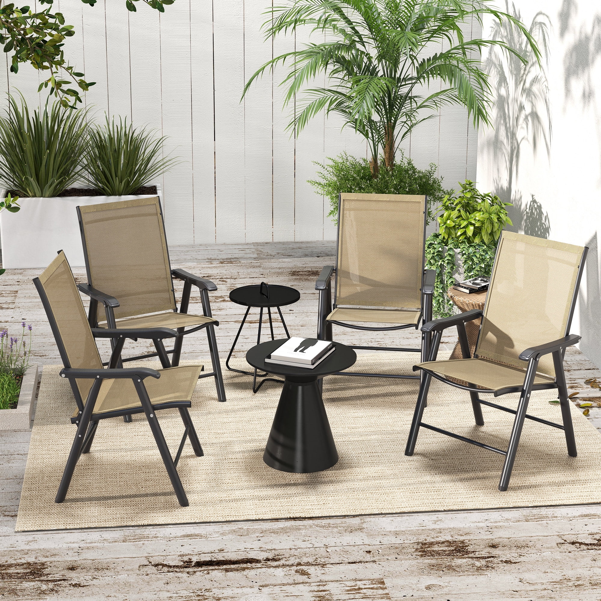 Set of 4 Patio Folding Chairs, Stackable Outdoor Sling Patio Dining Chairs with Armrests for Lawn, Camping, Dining, Beach, Metal Frame, No Assembly, Light Mixed Brown