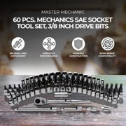 Master Mechanic 60 Piece Mechanics SAE Socket Tool Set, 3/8 Drive Bits