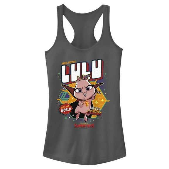Junior's DC League of Super-Pets Rule the World Lulu Badge Racerback Tank Top Charcoal X Small