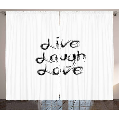 Live Laugh Love Curtains 2 Panels Set, Abstract Hand Lettering Inspirational Quote with Monochrome Design Lines, Window Drapes for Living Room Bedroom, 108W X 63L Inches, Black White, by
