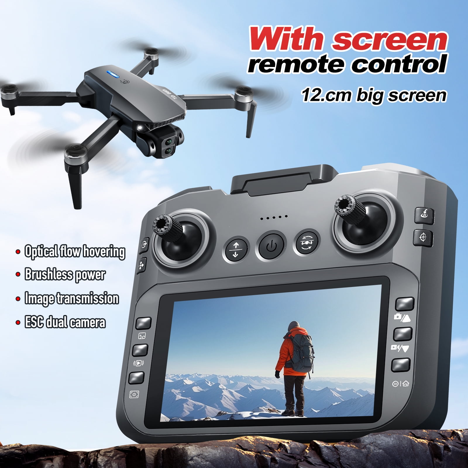 Brushless Motor RC Drones, Remote Control Screen, Optical Flow Positioning, HD Dual Cameras, 6-Ch Gyroscope, Foldable Drone Toy ,Toys Gifts,3 Battery,Black